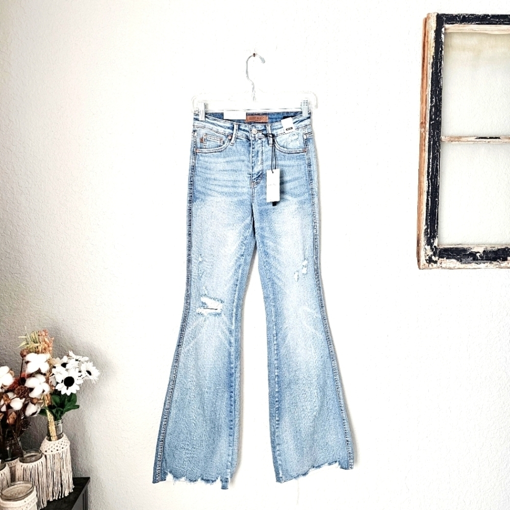 Judy Blue Mid Rise Tummy Control Medium Wash Flare Jeans Distressed Various NEW - Picture 6 of 16